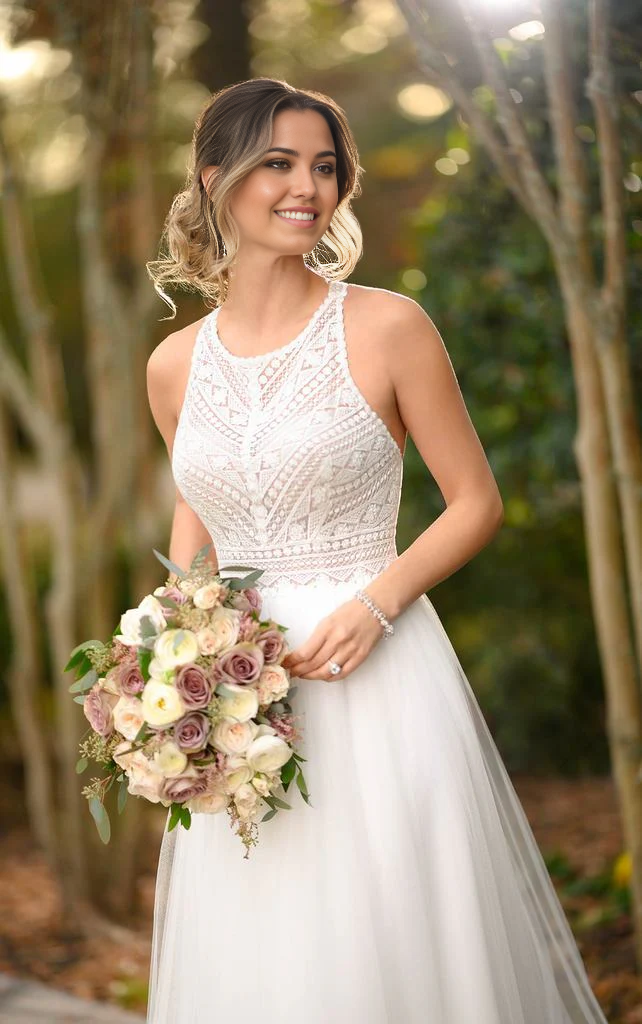 Vestidos de novia estilo bohemio con cuello halter, de gasa y encaje, para playa